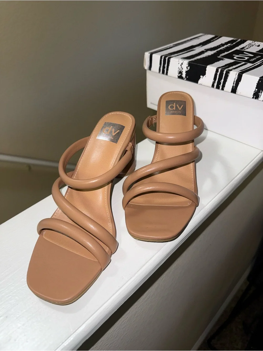 Dolce Vita Strappy Croc-Textured Block Heel Sandals in Brown
